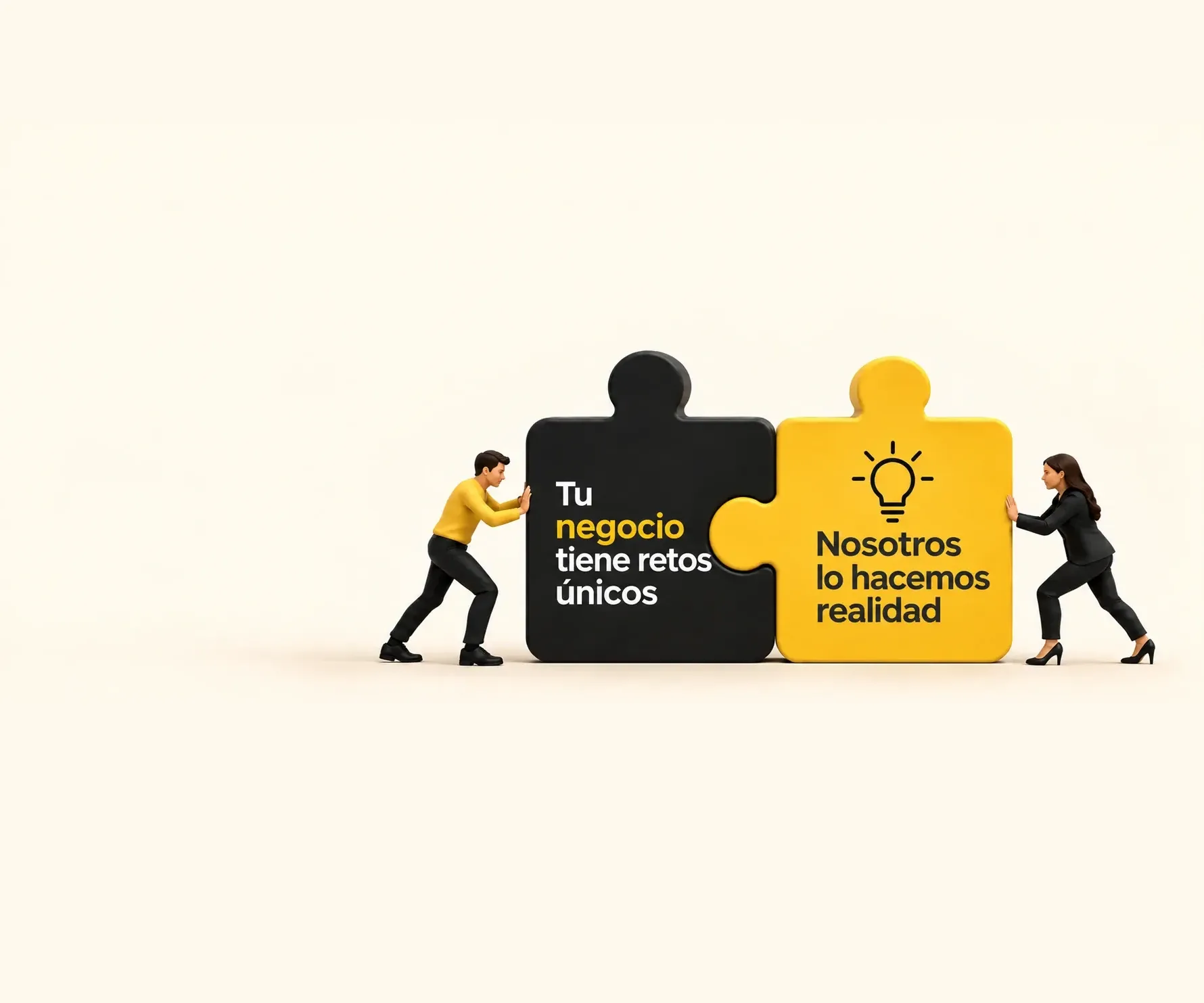 Dos personas unen un rompecabezas: tu negocio tiene retos únicos y nosotros lo hacemos realidad