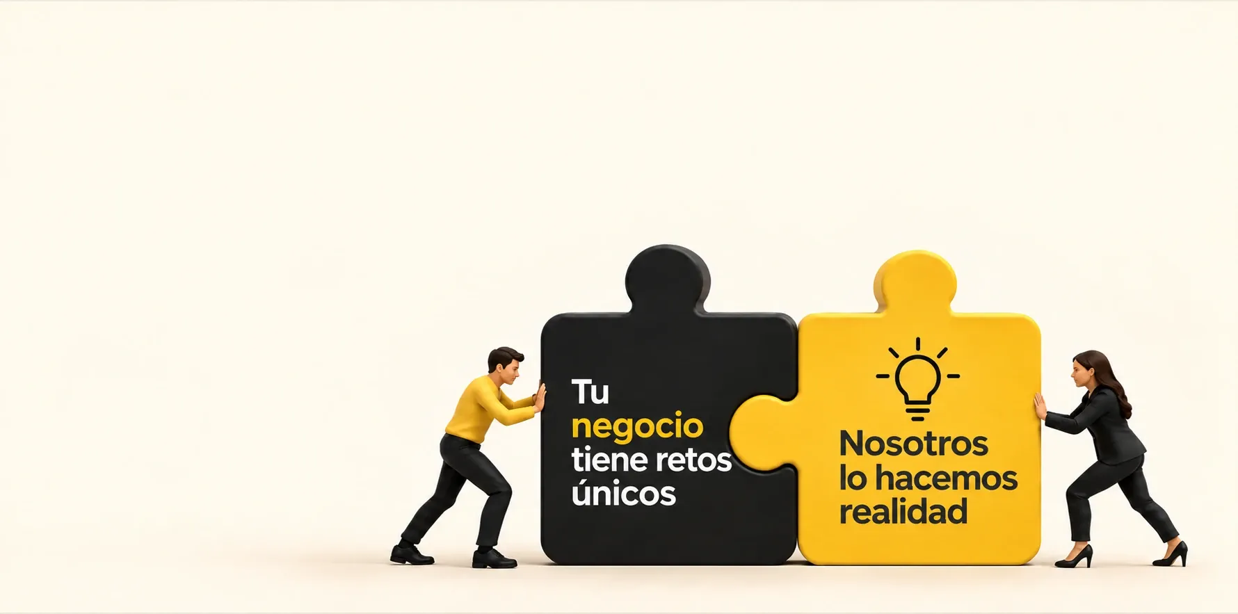 Dos personas unen un rompecabezas: tu negocio tiene retos únicos y nosotros lo hacemos realidad