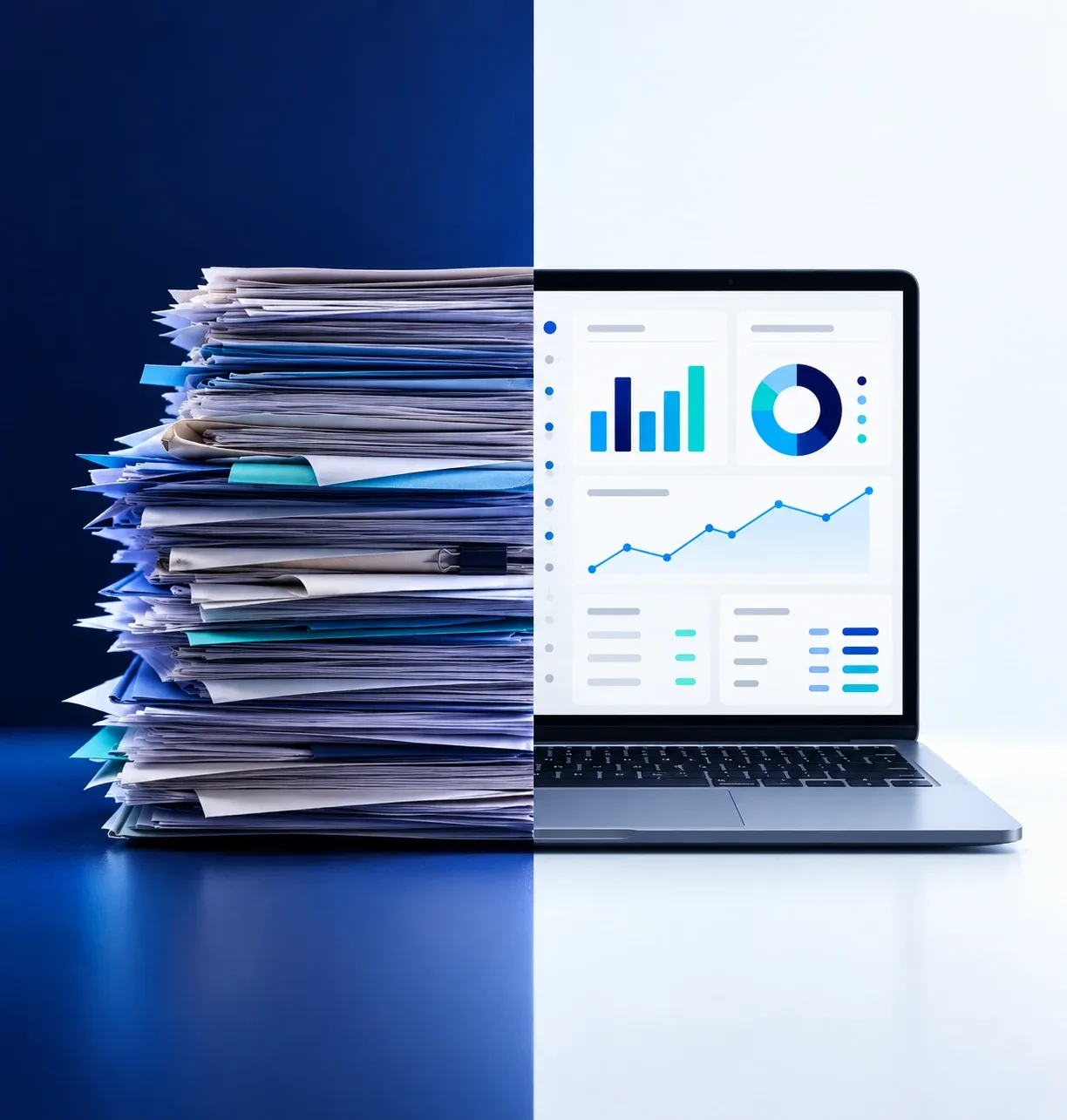 Una pila de papeles junto a una laptop con un tablero de datos: de trabajo manual a información ordenada